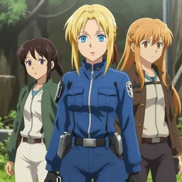 a woman who looks like a mixture between Annie Leonhart from Attack on Titan, Samus Aran from Metroid and Violet from Violet Evergarden, wearing blue utilitarian jumpsuit, highly detailed portrait, anime key visual, lois van baarle, ilya kuvshinov, rossdraws, artstation