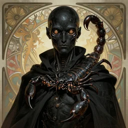 huge, impassive black-skinned clone with bronze cybernetic eyes and alien scorpion tail wrapped tightly around neck like scarf, wearing cloak, cyberpunk art deco art by Greg Rutkowski, Alphonse Mucha, and Brom