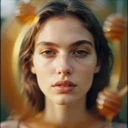 analog close up frontal face portrait photography of a beautiful woman surrounded by honey by maxim nikolaev. vogue. kodak portra 8 0 0 film. ( depth of field ). whirl bokeh!!. golden hour. detailed. hq. realistic. warm light. muted colors. filmic. dreamy. lens flare. mamiya 7 ii, f / 1. 2, symmetrical balance, in - frame