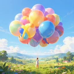 digital art of plenty of giant birthday balloons floating above a beautiful landscape. artstation cgsociety masterpiece