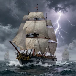 fleet of giant sailing battleships, raging sea foggy, dramatic, action scene, lightningstorm background, shipfleet on the horizon, high detail, greg rutkowski, james gurney, gene wolfe, gustave dore, jesper ejsing, rhads, makoto shinkai, ilya kuvshinov