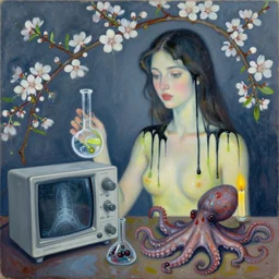 black drips, lime drips, xray, vine, portrait of a female art student, scientific glassware, oscilloscope, x - ray, sensual, sweet almost oil, almond blossom, squashed berries dripping, octopus, candlelight, neo - impressionist, surrealism, acrylic and spray paint and oilstick on canvas