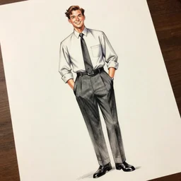 confident, smiling 1 9 2 0 s bank manager in full figure with his hands in his pockets as seen from a slight upward angle. fashion drawing