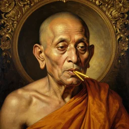 highley detailed potrait of old srilankan buddhist monk gold coming out of mouth and eyes baroque style, painting by gaston bussiere, craig mullins, j. c. leyendecker, lights, art by ernst haeckel, john william godward, hammershøi,