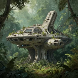 abandoned brutalist alien space station in lush jungle, close up, wadim kashin, jessada sutthi, digital painting, xf iq 4, f / 1. 4, iso 2 0 0, 1 / 1 6 0 s, 8 k, raw, featured in artstation, octane render, cinematic, elegant, intricate, 8 k