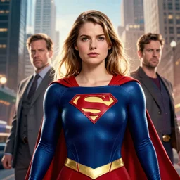 supergirl, portrait shot, city backdrop, epic cinematic hyperrealism masterpiece. realistic poster with shaded lighting by craig mallismo, artgerm, jeremy lipkin and michael garmash, unreal engine, radiant light, detailed and complex environment, digital art, art station trends