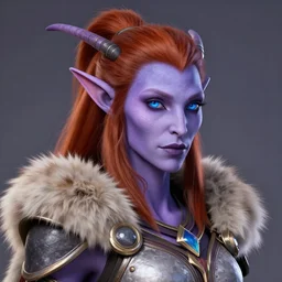 portrait of a alluring draenei in pelt armor, furaccessories, face details, ginger hair, ponytail, purple skin, blue eyes, dark fantasy, sharp focus, award - winning, masterpiece, highly detailed, intricate, by terese nielsen, rossdraws, tarot card border