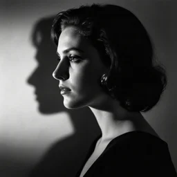 “Portrait of a femme fatale. Shadow and light. Abstract. Surrealist. Black and white. Side lighting. Photography by Irving Penn”