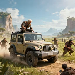 mahindra thar, tribe members attacking, action scene, an epic fantasy, wide shot, trending on artstation, masterpiece, by greg rutkowski, by ross tran, by fenghua zhong, octane, soft render, ultrarealistic, colorful, cinematic, horizon forbidden west