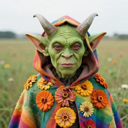 closeup portrait of a green-horned goblin wearing a hooded cloak made of zinnias and rainbows, in an empty field, by Annie Leibovitz and Steve McCurry, natural light, detailed face, CANON Eos C300, ƒ1.8, 35mm, 8K, medium-format print