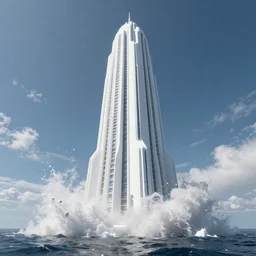A massive white futuristic tower crashing into the ocean from space, 8k, epic, realistic, massive, sky, beautiful, 3d render