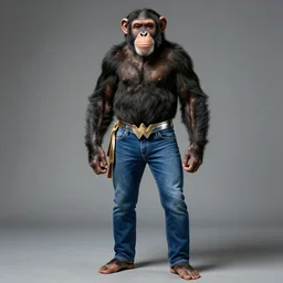 a Chimpanzee, dressed as Wonder Woman, is wearing tight fit blue Jean pants, photographed in the style of Mario Testino, Standing in front of photorealistic