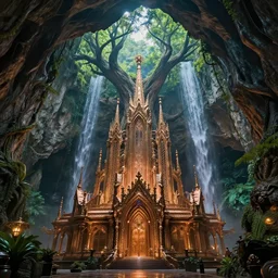 gleaming bronze temple, cyber-futurist gothic architecture, style of Patrick Woodroffe, style of Paul Lehr, inside an enormous vast cave, huge trees, vines, waterfall, magical, sublime, realistic, dramatic, establishing shot, cinematic lighting, HDR, bold vivid colors