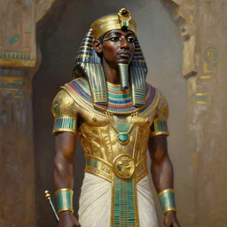 fantasy oilpainting by anders zorn depicting djimon hounsou as a temple guard dressed in ancient egyptian decorative armor
