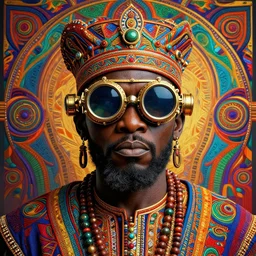 colourful vfx upper half - portrait - art of a nigerian tribal chief wearing steam punk goggles, art by utagawa kunisada & james jean, symmetrical, intricate detail, concept art, volumetric light, ray tracing, caricature, digital illustration, octane 3 d render, unreal engine, sharp, 8 k post process, pinterest, behance, art station,