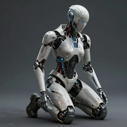 Artificial Intelligence kneeling, futuristic, cyberpunk, cyborg, photorealistic, highly detailed, gritty texture, trending in Artstation, Craig Mullins