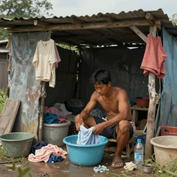 a concept art illustration, filipino man sitting washing clothes on a pail, inside a makeshift shack, slums, hyper realistic, photorealistic, art by wlop, hyper detail, trendung on artstation, cgsociety, ultra sharp, digital painting