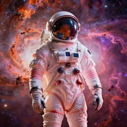 modern double exposure monochrome spacesuit over a brilliant iridescent nebula. orange, pink, purple color ombre.