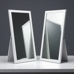 two mirrors with a white frame standing parallel to each other refracting each other recursively on a table in a studio, octane render 8 k