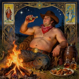a dramatic, epic, ethereal painting of a handsome thicc mischievous shirtless cowboy with a beer belly!! wearing a large belt and bandana offering a whiskey bottle | he is relaxing by a campfire | background is a late night with food and jugs of whisky | homoerotic | stars, tarot card, art deco, art nouveau, intricate | by Mark Maggiori (((and Alphonse Mucha))) | trending on artstation