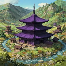 landscape, a biggest wood purple black large four cornerd traditional attic in the mountain stream, sit in the center of a building group, smaller brown attics and towers around, unreal engine, hyperdetailed, by shigeru ban, studio ghibli, 4 k