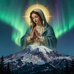 a matte painting of aurora borealis blended with virgin mary portrait over mt rainer