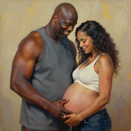 shaquille o'neil pregnant, shaquille o'neil holding his pregnant stomach, shaquile o'neil pregnant, shaquille o'neil embracing judge judy, oil on canvas, trending on artstation, digital art