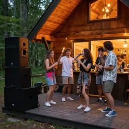small group of friends partying outside woodland cabin, speaker stack, festival lighting