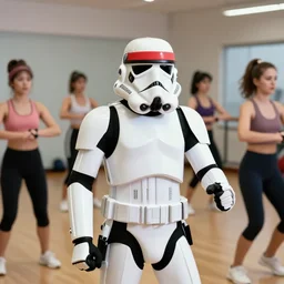 photo of a stormtrooper in an aerobic class wearing a sweatband, surrounded by women, 1 9 8 0 s colour photo