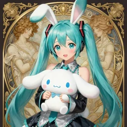 hatsune miku with blue bunny hair, holding cinnamoroll from sanrio, intricate, elegant, highly detailed, digital painting, artstation, concept art, smooth, sharp focus, illustration, art by artgerm and greg rutkowski and alphonse mucha and william - adolphe bouguereau