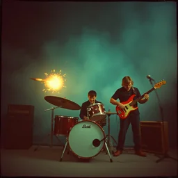 kodak portra 4 0 0, wetplate, muted colours, teal orange, drum set, guitar, bass, 1 9 2 0 s style, motion blur, portrait photo of a backdrop, explosions, rockets, bombs, sparkling, stargazer, snow, fog, steampunk, by georges melies and by britt marling