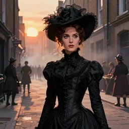 a woman wearing a long black victorian dress corset hat, brown hair, in a victorian london back alley, smog, sunset, dramatic shadows, urchins, street sellers, sharp closeup finely detailed face features, comic book art by neal adams, steve ditko, jack kirby, dave mckean, joe benitez, roc upchurch