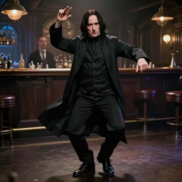Severus Snape dance in a bar, realistic, cyberpunk, full body, very detailed, super realistic