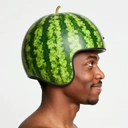 side portrait of a goofy looking black guy with a watermelonmelon fruit helmet that covers only the top of his head by greg rutkowski