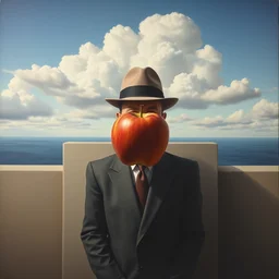 a surreal painting of the front on view of a man in a business suit and bowler hat standing in front of a short wall, an apple is in front of his face, grey clouds and calm ocean are behind him