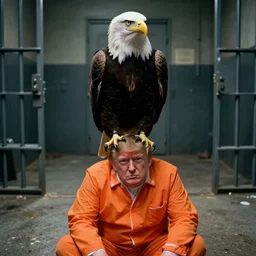 closeup portrait of a bald eagle standing on donald trumps head, wearing orange prison pajamas, sitting on the floor of a filthy prison cell, cinematic masterpiece, octane, dramatic lighting, editorial photo, 35mm, very detailed
