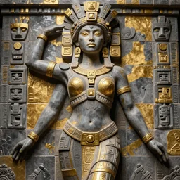 beautiful aztec inca woman colossus full body well proportioned posing among tiles by eddie mendoza hyperrealism expressive eyes cyborgess symmetrical very very detailed giger beksinski grey and gold