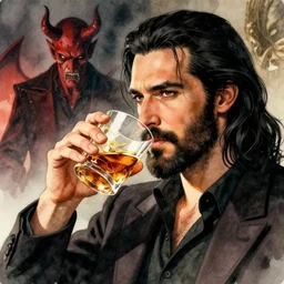 portrait, a handsome Frenchman with beard and long black hair toasting with whiskey, the devil is in the background, watercolor, dramatic lighting, cinematic, establishing shot, extremely high detail, foto realistic, cinematic lighting, digital art, vector, by Yoshitaka Amano, Ruan Jia, Kentaro Miura, Artgerm, post processed, concept art, artstation, matte painting, style by eddie mendoza, raphael lacoste, alex ross