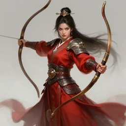 a highly detailed illustration of fierce mongol warrior princess wearing red robe, heroic wielding bow pose, intricate, elegant, highly detailed, centered, digital painting, artstation, concept art, smooth, sharp focus, league of legends concept art, wlop.