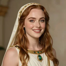 a stunning portrait of sophie turner as an ancient greek priestess, smiling, digital art by ross tran and angel ganev, highly detailed, trending on artstationhq