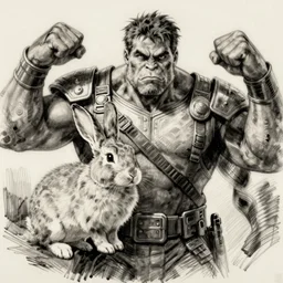 rabbit!!! jim lee!!! medium shot!! flat grayscale ink sketch by jim lee close up in the style of jim lee, depressed dramatic bicep pose, swat soldier armor borderlands hulk animal looks at the camera by jim lee