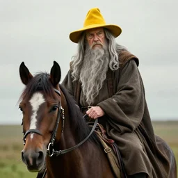 Portrait of Gandalf with a yellow hat riding a horse, photo