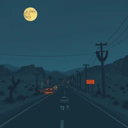 a desert highway, moonrise, cyberpunk, an illustration by mark mignola