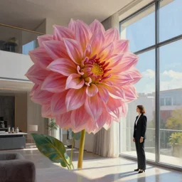 huge dahlie flower head, woman in suit, standing by modern window in luxury apartment, surreal photography, sunlight, impressionist painting, digital painting, artstation, simon stalenhag