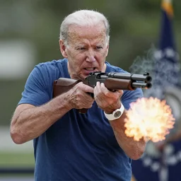 joe biden firing a machine gun with a terrified expression