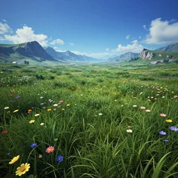 fields of grass and flowers and blue sky with mountains in the background. Intricate. Very detailed 8k. Fantasy horror. Sharp. Cinematic post-processing. Unreal engine. Nanite. Ray tracing. Parallax. Tessellation