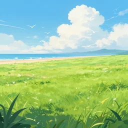 a beautiful clean digital art of a landscape with lush green pastures and a beach with birds flying in the sky with white fluffy clouds, a colorful color palette, trending on artstation, 4 k