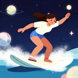 ( ( dither ) ) a young woma surfing in space, colorful, ( ( mads berg ) ), christopher balaskas, ( ( victo ngai ) ), rich grainy texture, detailed, dynamic pose, light blue filter, grainy lights, high contrast, dark tint, smooth shaded, editorial illustration, volumetric