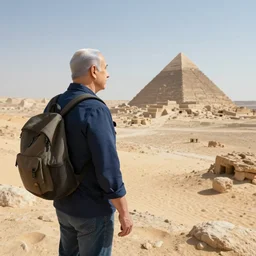 benjamin netanyahu as an explorer, exploring a deserted fallen kingdom