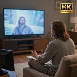 god in heaven watching tv, hyper realistic, hyper detailed, 4 k, unreal engine 6, clear, coherent,